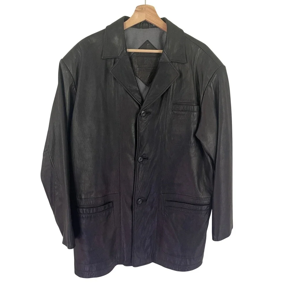 Roundtree & Yorke Mens Black Genuine Lambskin Leather Blazer Jacket 90's  M